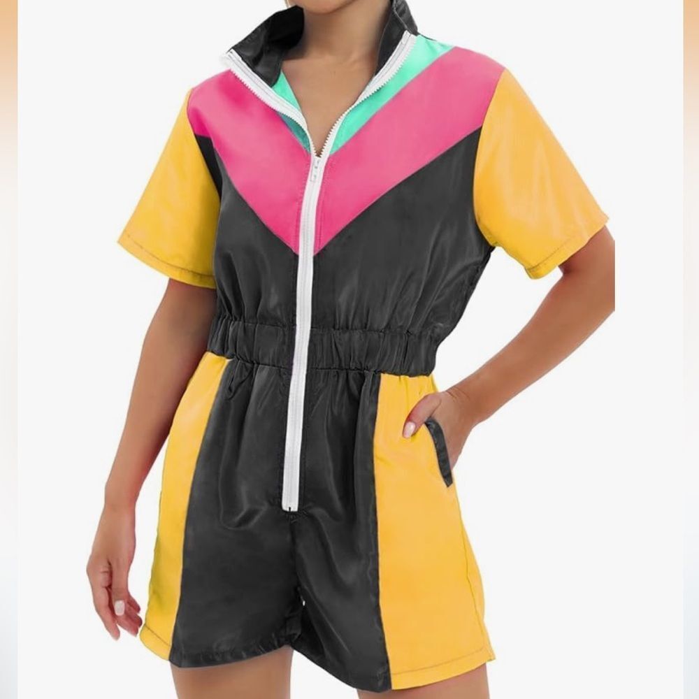 SZ SM One Piece Short Sleeve Zipper Elastic Waist Windbreaker Rompers  Jumpsuits